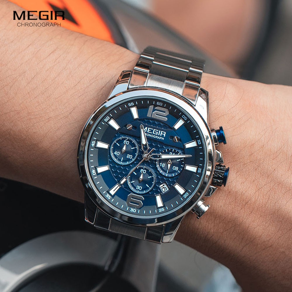 MEGIR 2020- Luxury Watches for Men, Men's Watch, Stainless Steel, Luminous, Water Resistant, Sport Chronograph, Quartz, Blue