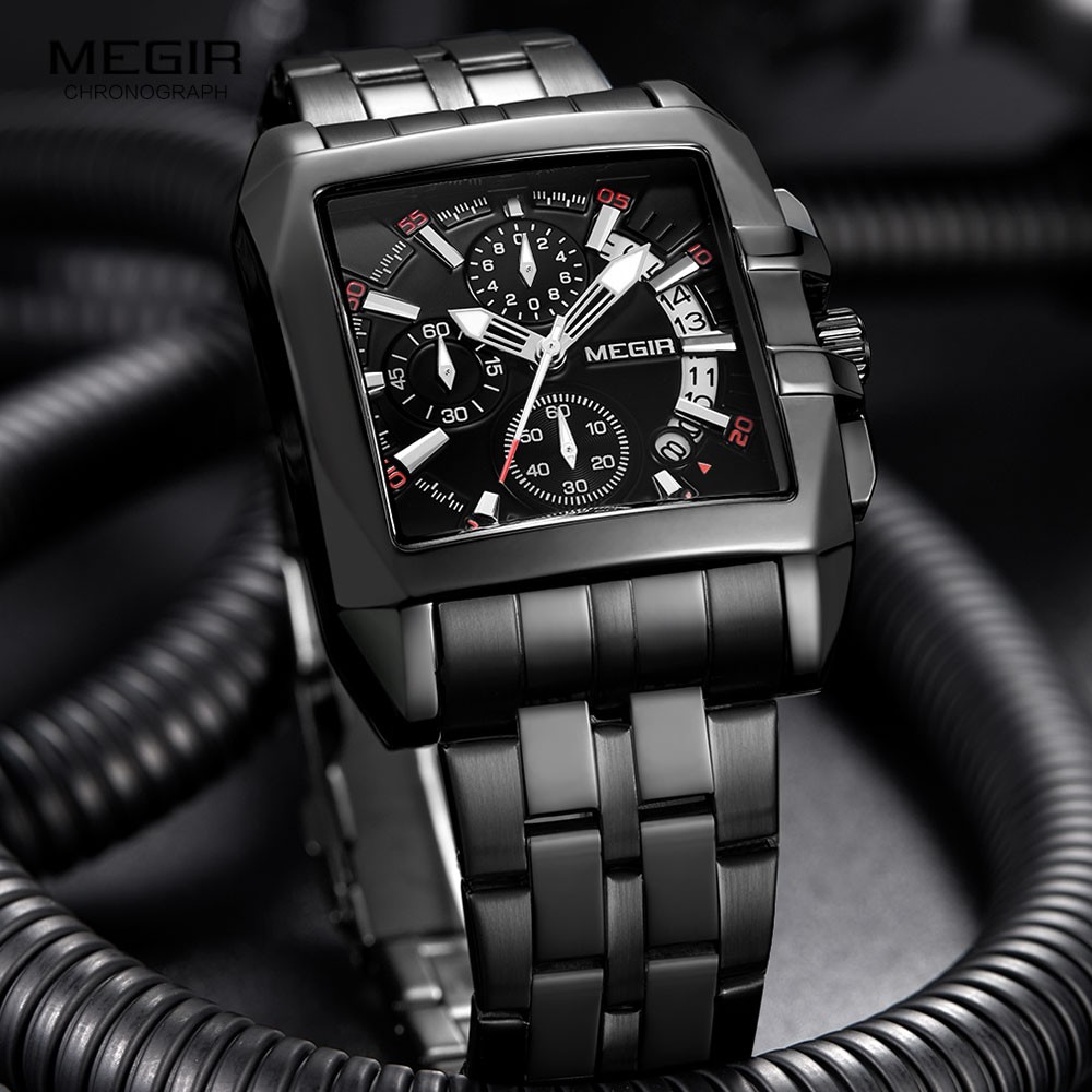 MEGIR Full Black Watches Men Luxury Chronograph Quartz Watch for Man Square Dial Luminous Wristwatch Relogios Relogios Reloj