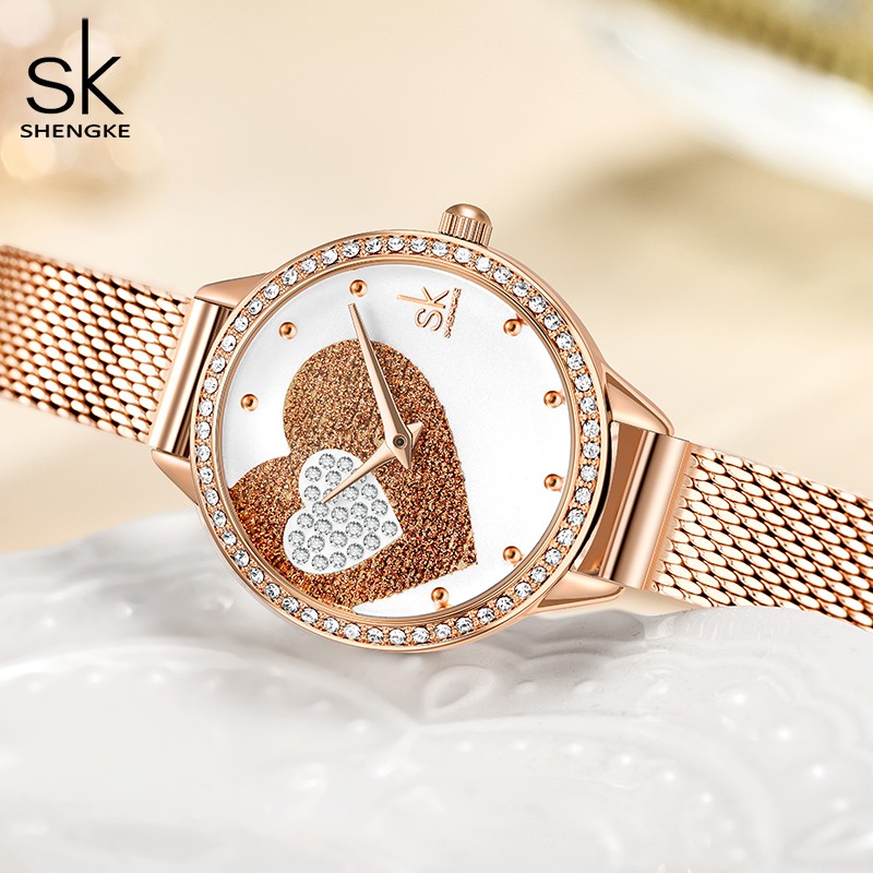 Fashion Casual Stainless Steel Women Quartz Watch Crystals Lady Holiday Gifts Beautiful Heart Rhinestone Dial Relojes Para Mujer