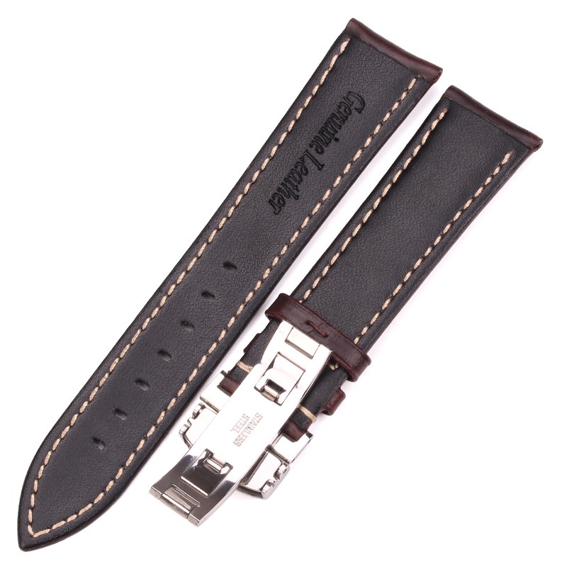 Soft Antique Watch Strap for Men and Women, Dark Brown, Genuine Leather, Metal, Butterfly Deployment Buckle, 18-24mm