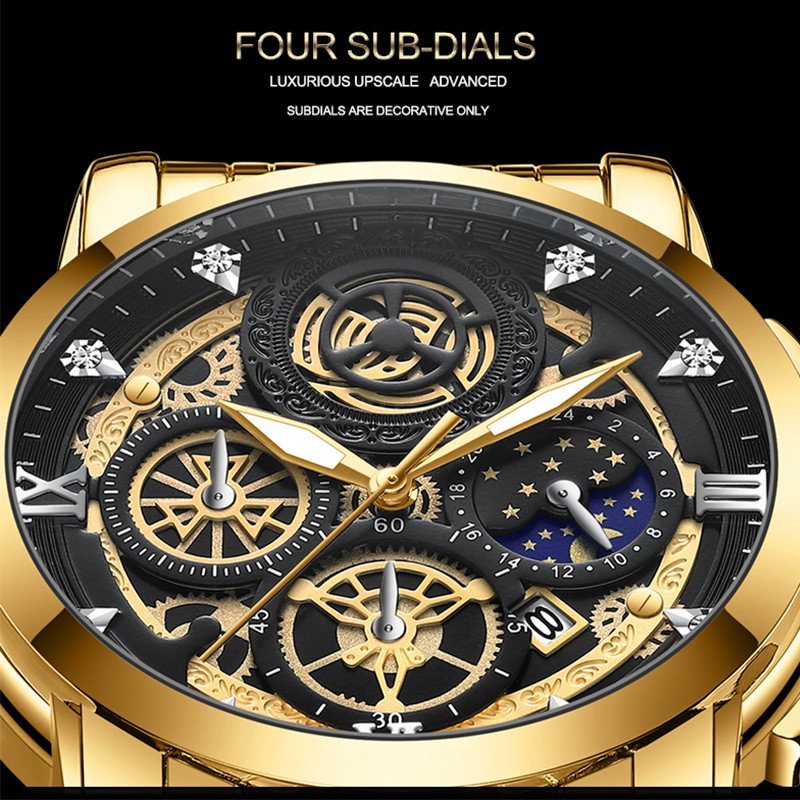 Men's Quartz Watch Automatic Calendar Movement Stainless Steel Luxury Rhinestone Waterproof Elite Men's Watch Relogio Masculino