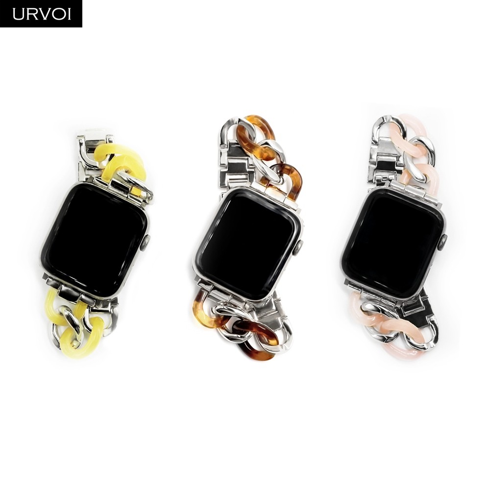 URVOI بقرة بوي سلسلة الفرقة ل أبل ساعة 7 6 SE 5 4 3 2 1 الفولاذ المقاوم للصدأ الراتنج حزام ل iwatch حزام ربط سوار النمط الحديث