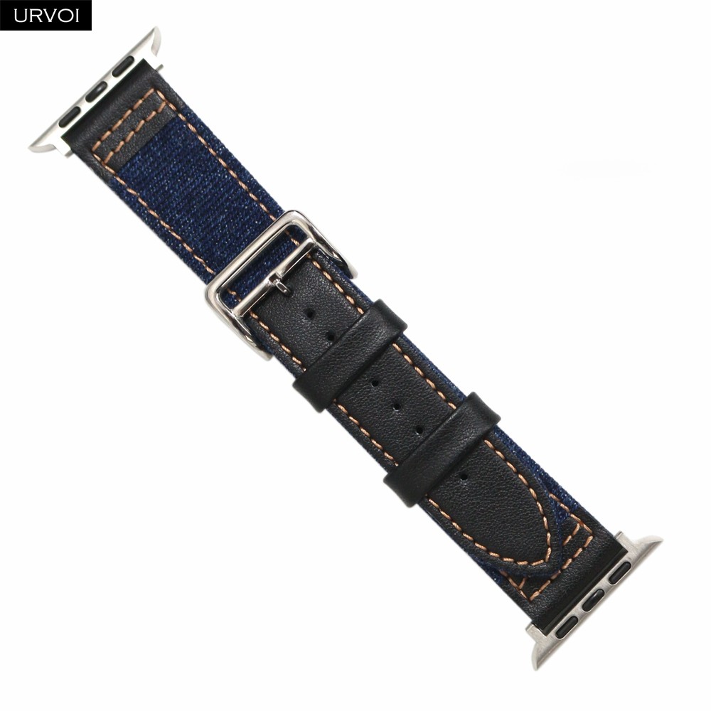 URVOI Strap for Apple Watch Series 7 654321SE Jean Band with Genuine Leather Strap for iWatch Denim Design Canvas Denim Wristband