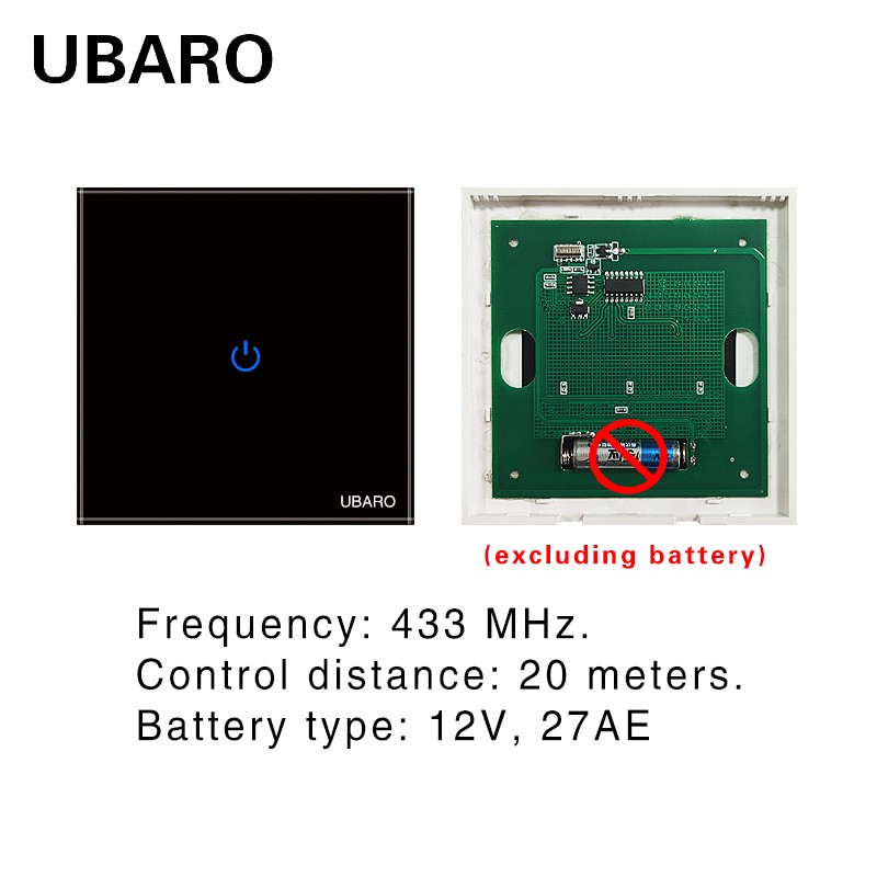 UBARO 86*86mm 433 RF Wireless Transmitter Controller Panel Tempered Glass Remote Manuel Button Without Battery 1/2/3 Gang