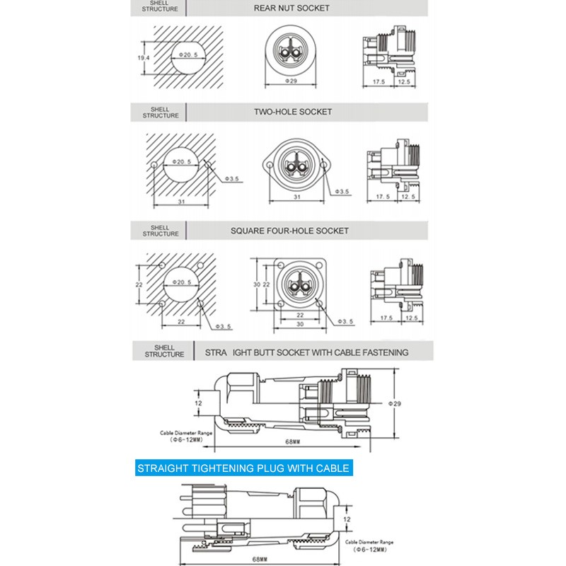 LP/SP20 IP68 Waterproof Connector Aviation Plug and Socket Male Female Cable Connectors Set 2-7 Pin Soldering Quick Connection