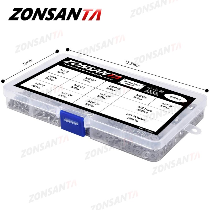 ZONSANTA 480/660 قطعة الصليب الجولة مسمار لولبي الرأس مجموعة M2 M2.5 M3 M4 حلقة صامولة الفولاذ المقاوم للصدأ مسمار فيليبس رئيس آلة المسمار