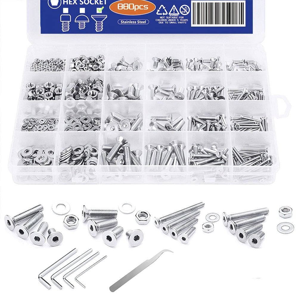 880pcs Hexagon Head Hex Socket Cap Screw Set M2 M3 M4 M5 304 Stainless Steel Flat Button Head Cap & Nuts & Washer Assorted Set