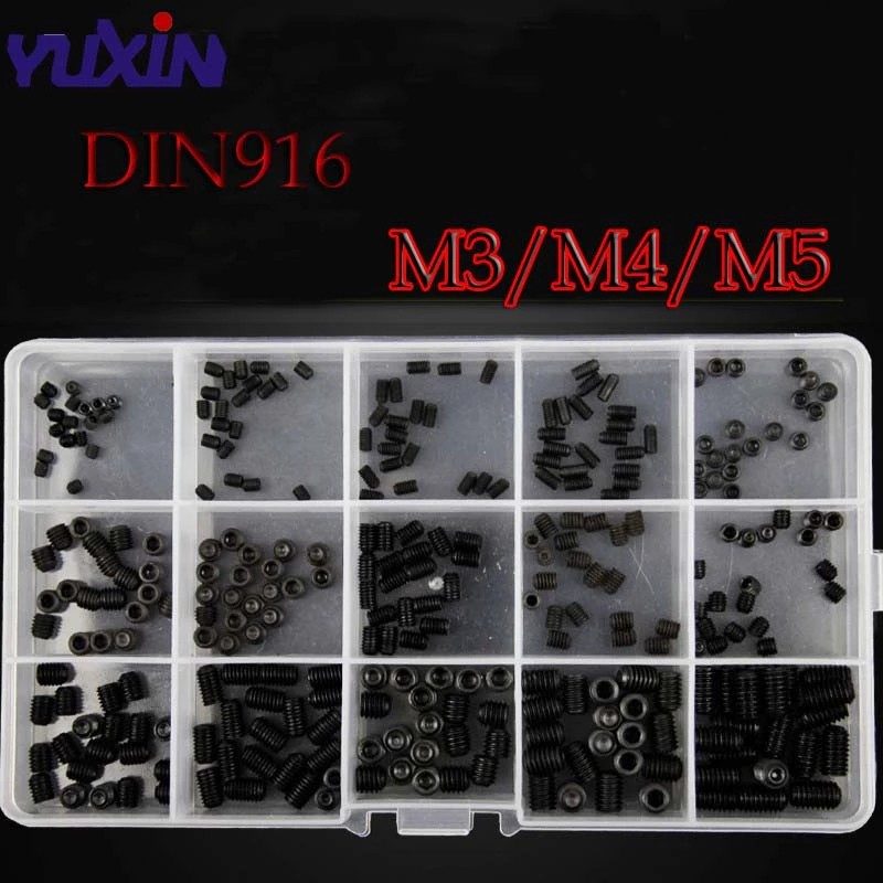 300pcs DIN916 M3 M4 M5 12.9 Grade Black Socket Screw Assortment Allen Head Socket Hex Set Grub Screw Box Kit