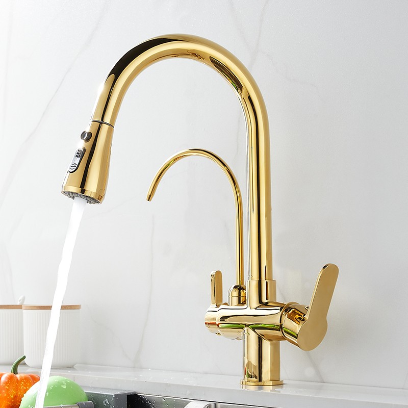 Gold Touch Filter Kitchen Mixer Tap Dual Handle Hot Cold Brass Kitchen Sink Faucets Smar Sensor Touch Pull Out Kitchen Faucets