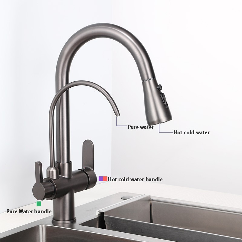 Hot Cold Touch Pull Out Kitchen Faucet Newly Brass Gray Pull Down Kitchen Mixer Tap Dual Handle Sensor Touch Filter Kitchen Faucet