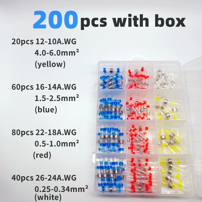 200 PCS Boxed,Solder Ring Terminal,Solder Butt Thermoresistant Tube,Wire Connector,Heat Shrink Sleeve,Waterproof Insulation