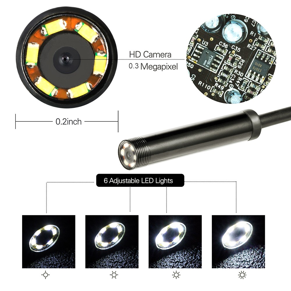 5.5mm Endoscope Camera Flexible IP67 Waterproof Micro USB Inspection Borescope Camera Android Laptop 6 LEDs Adjustable