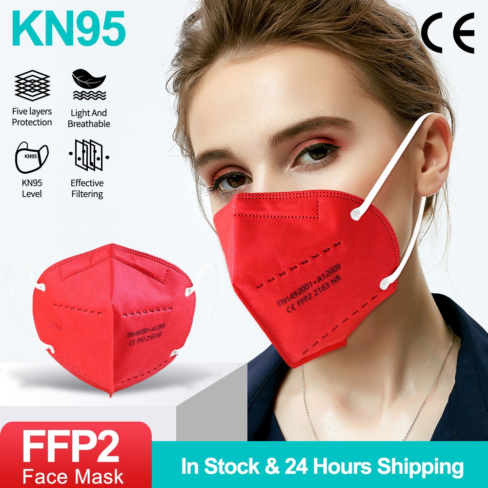 قناع أحمر اللون FFP2 5-100 قطعة KN95 Mascarillas قناع الوجه التنفس ffp2fan 5 طبقات واقية قناع الفم الوجه قابلة لإعادة الاستخدام