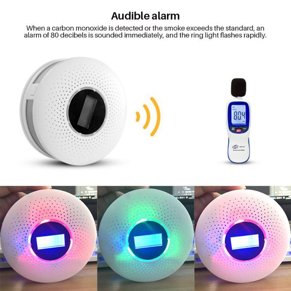 2 in 1 Wireless Carbon Monoxide Smoke Sensors Co Toxic Gas Leak Detector 85dB Built In Voice Promp Digital Color LCD Display