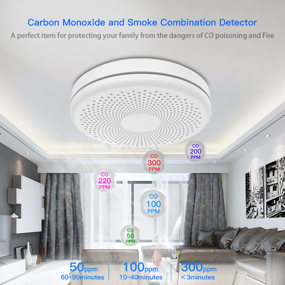 WIFI 2 in 1 Smoke Carbon Monoxide Combo Detector CO Gas Smoke Alarm Sensor 85DB Sound Alarm Tuya Smart Security Alarm System