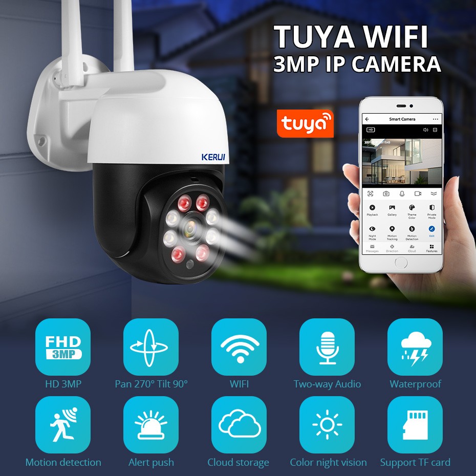 2022 KERUI 3MP Outdoor Camera PTZ WiFi IP Camera 4X Digital Zoom IR Human Detection WIFI CCTV Surveillance Motion Detection