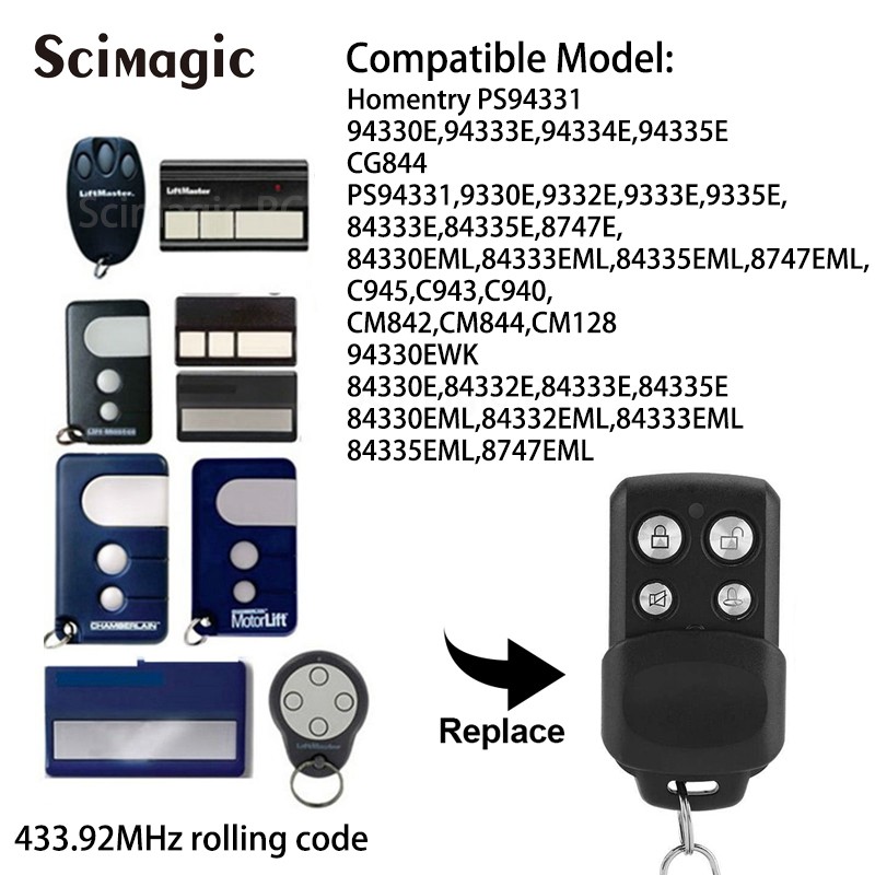 Replacement door remote control, garage door remote control, 433.92MHz