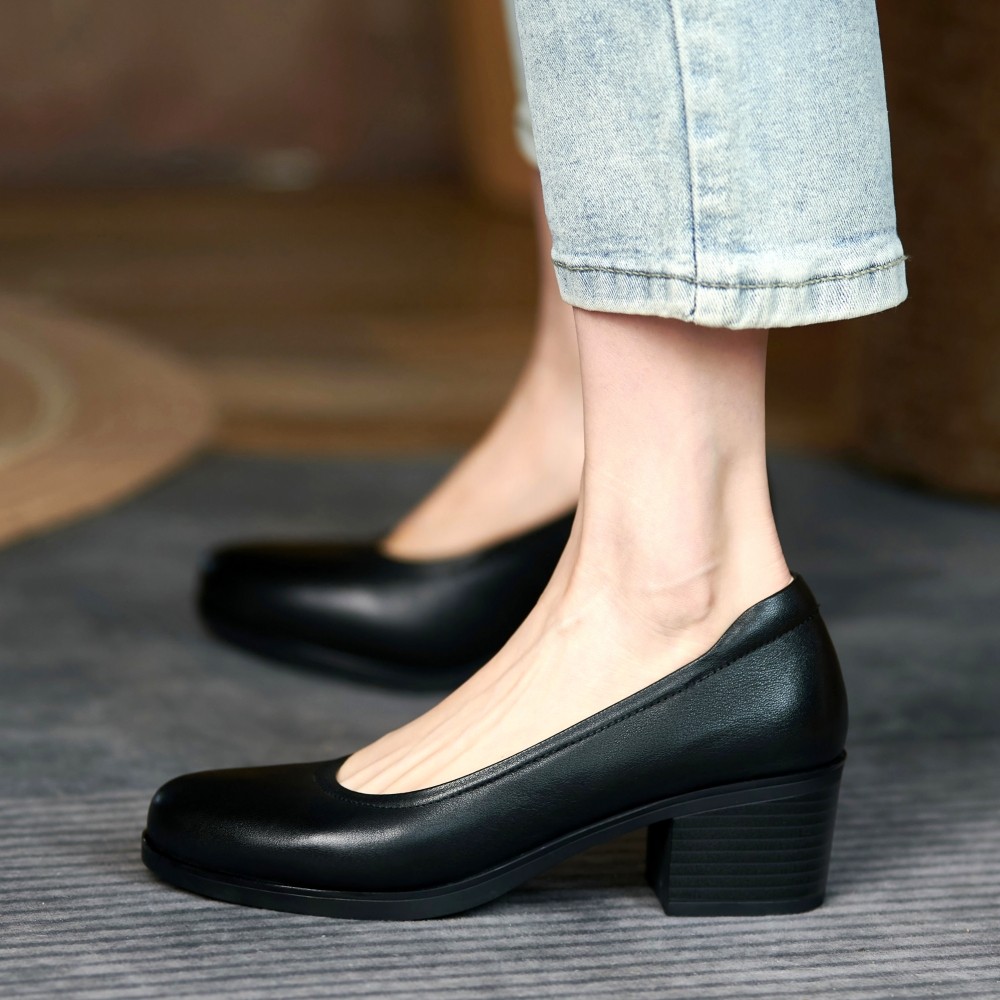 Med Square High Heels Women 2022 New Real Cow Leather Spring Round Toe Girl Black Work Pumps Shoes For Woman A0005