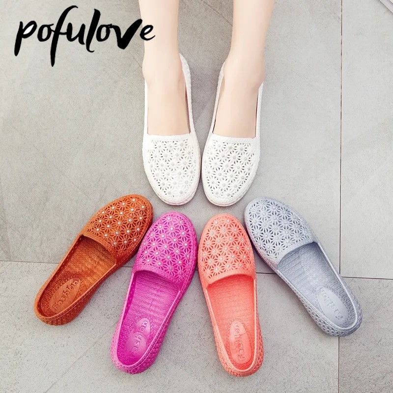 Pofulove Flats Shoes Women Hollow Out Slip On Casual Nursing Shoes Summer Loafers Female Sandals Shallow Beach Breathable Zapatos