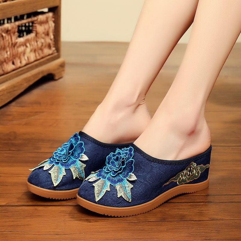 Rimocy embroidery wedge slippers women summer round toe flower platform sandals ladies 2022 outdoor thick bottom beach slippers