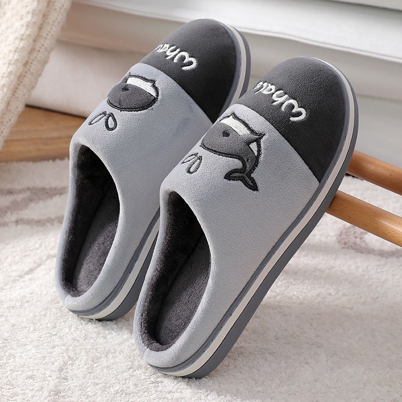 Winter Cotton Slippers Catroon Dolphin Home Indoor Slippers Plush Feleece Non-slip Winter Warm Slippers Comfortable Women Shoes Gray