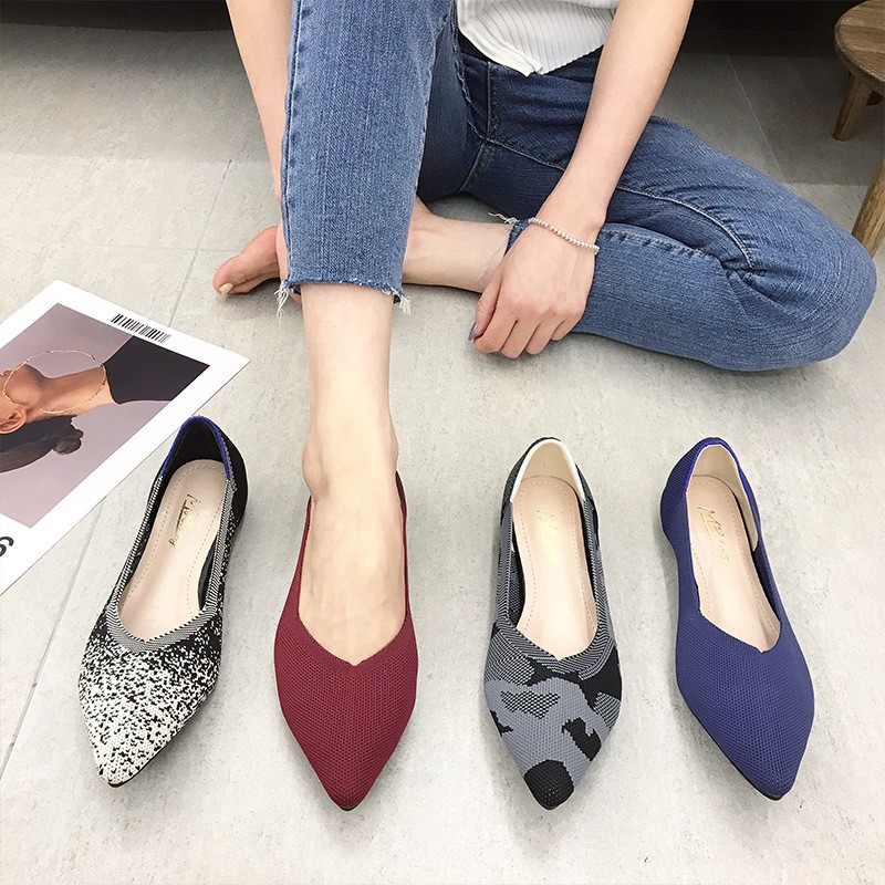 Woman Knit Pointed Shoes 2022 Women's Flat Shoes Ballet Shoes Moccasin Mixed Color Shoes Soft Pregnant Shoes Zapatos De Mujer