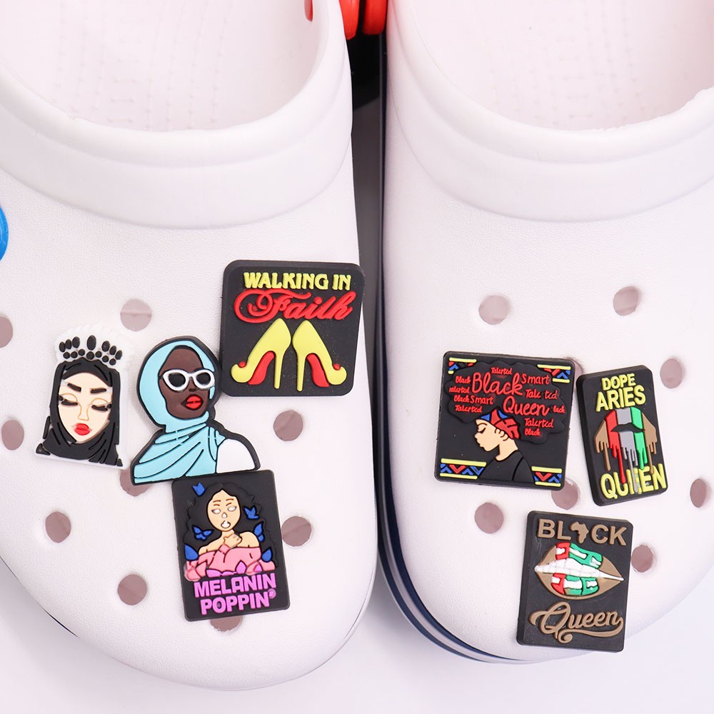 Wholesale 50PCS PVC Cartoon Shoe Charms Muslim Dope Aries Black Queen Lips Woman Melanin Poppin DIY Croc Jibz Buckle Decoration