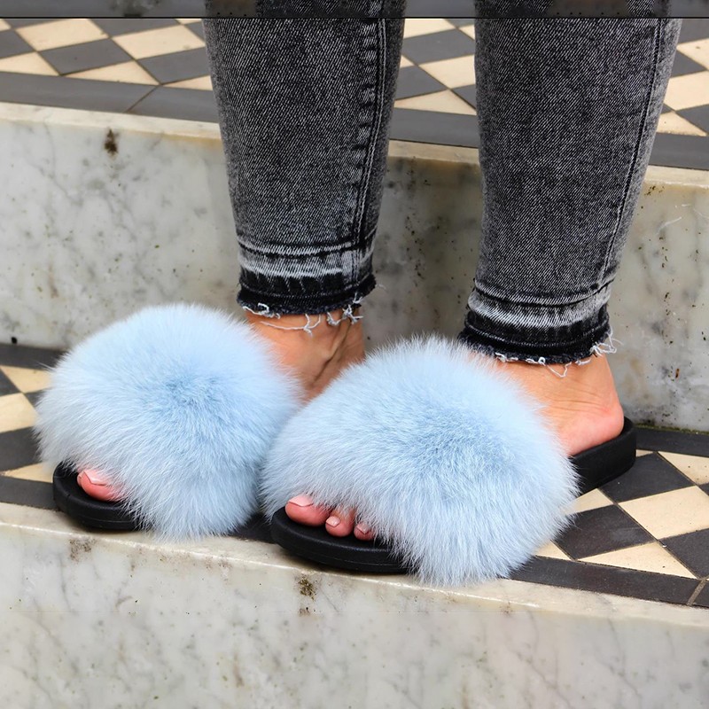 Women Fox Shoes Fur Slippers Real Fox Fur Slides Home Furry Flat Sandals Female Cute Wholesale House Shoes Woman Luxury Brand Ho