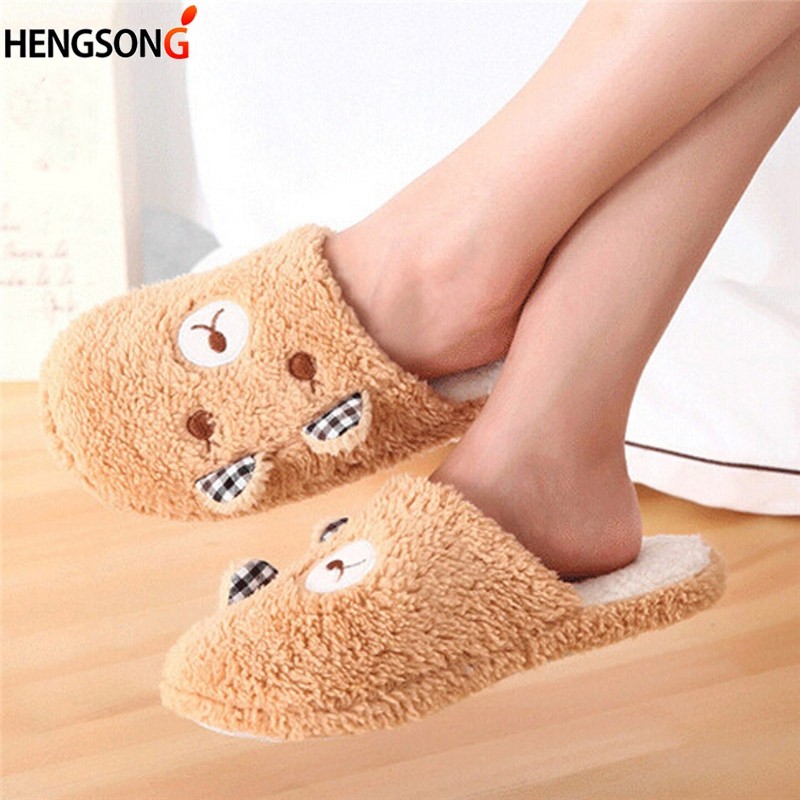 Women Plush Short Winter Slippers Cotton Bear Flat Shoes Home Bedroom Home Soft Velvet