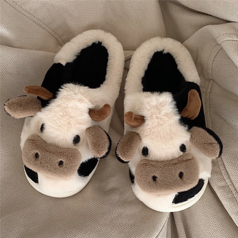 Women Winter Cute Animal Slippers Fashion Kawaii Fluffy Winter Warm Slippers Female Cartoon Milk Cow Indoor Slippers Funny Shoes