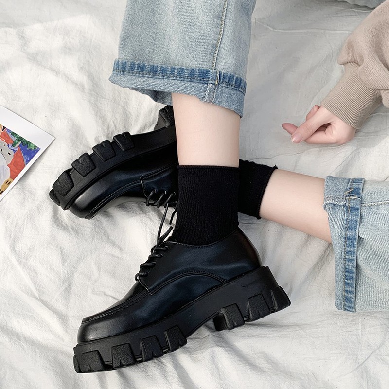 Rimocy black patent leather platform shoes women 2021 gothic lace up chunky heels woman japanese style student shoes female