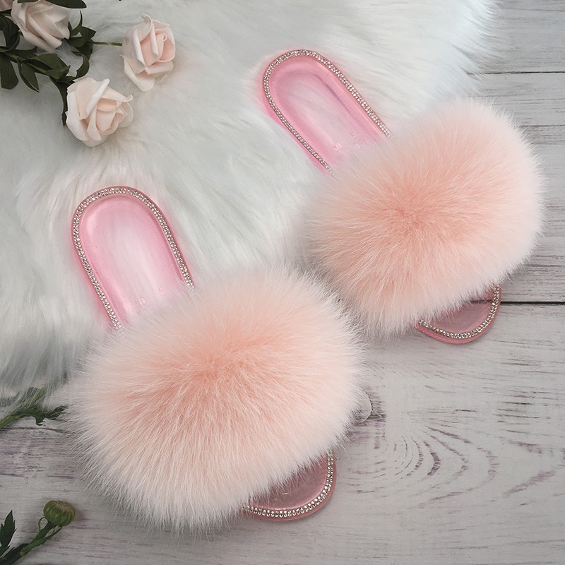 fluffy slippers women real fur home slides summer crystal rhinestones shoes for women flip flops with fur jelly sandals women