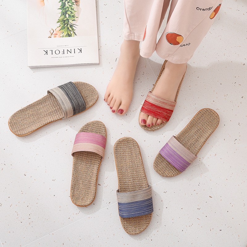 Women Linen Home Slippers Summer Casual Slides Beach Shoes Ladies Indoor Linen Slippers Bohemia Striped Flip Flops Sandals