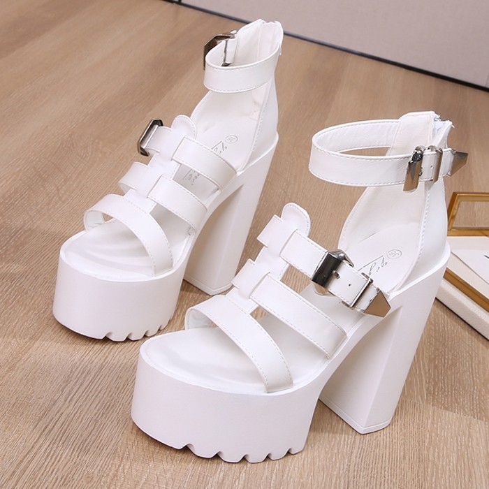 Women Sandals New Summer Casual Black Chunky Gladiator Shoes Open Toe Thick Platform High Heels Ankle Strap Buckle Shoes G0028