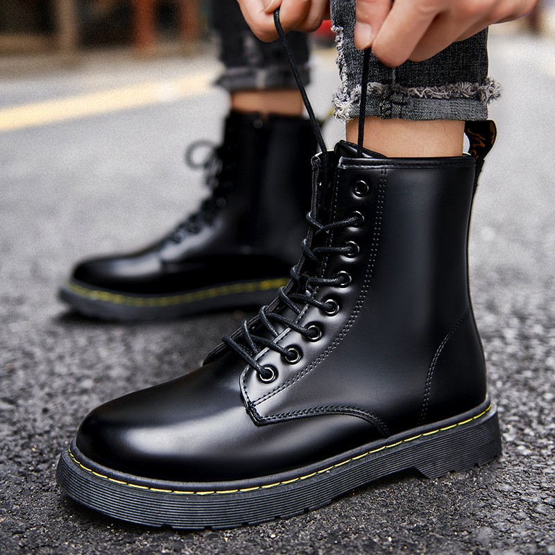 Fashion Autumn Men Boots Leather Warm Ankle Boots Couple High Top Waterproof Motorcycle Boots Plus Size Shoes 35-47