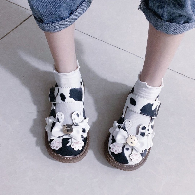 Kawaii Cow Print Girls Mary Janes 2022 Japanese Style Patchwork PU Bow Lolita Spring Shoes Black White Lace Zapatillas Mujer