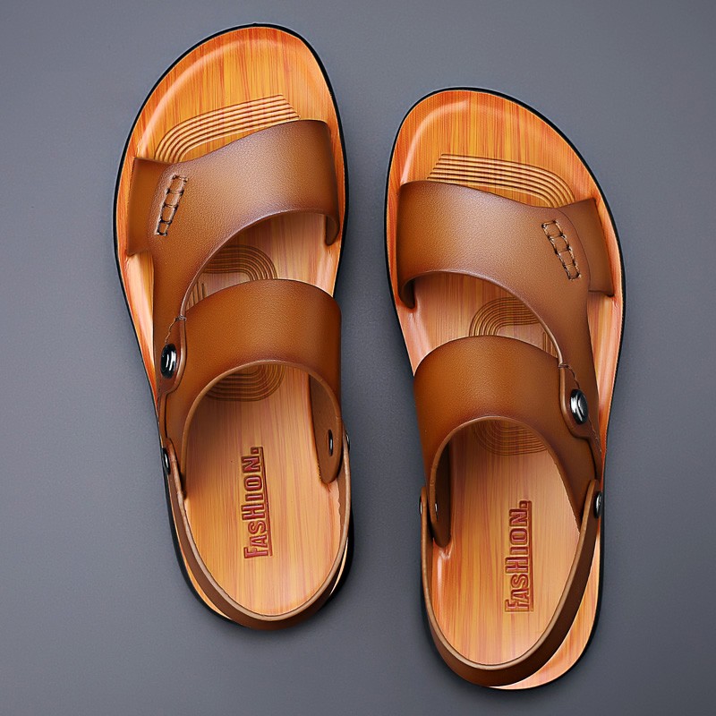 2022 summer new fashion men shoes vintage genuine leather non-slip beach slip-on sandals travel flip-flops black brown