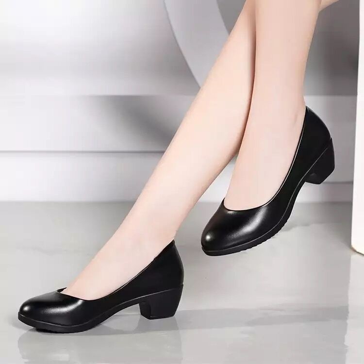 Pofulove Women's PU Leather Shoes Black Square Heels Pumps Office Ladies Shoes Zapatos De Mujer Fashion Design Sexy