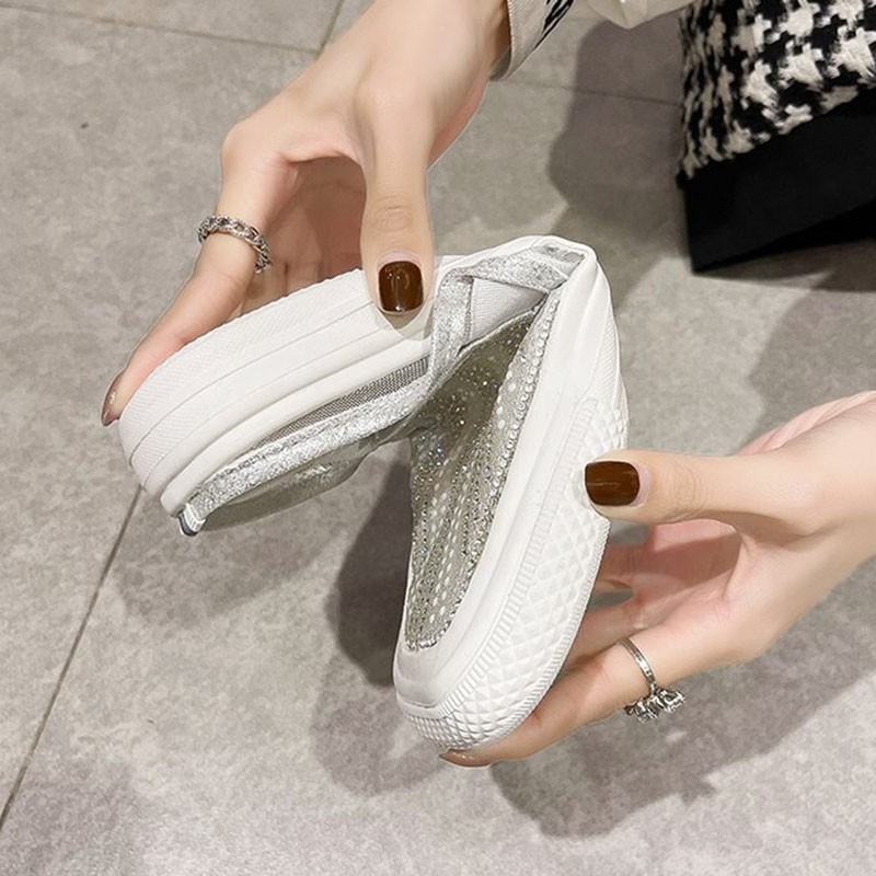 Rimocy Crystal Breathable Mesh Mules Shoes Women Summer Comfort Soft Bottom Platform Shoes Woman Square Toe Non-slip Beach Shoe