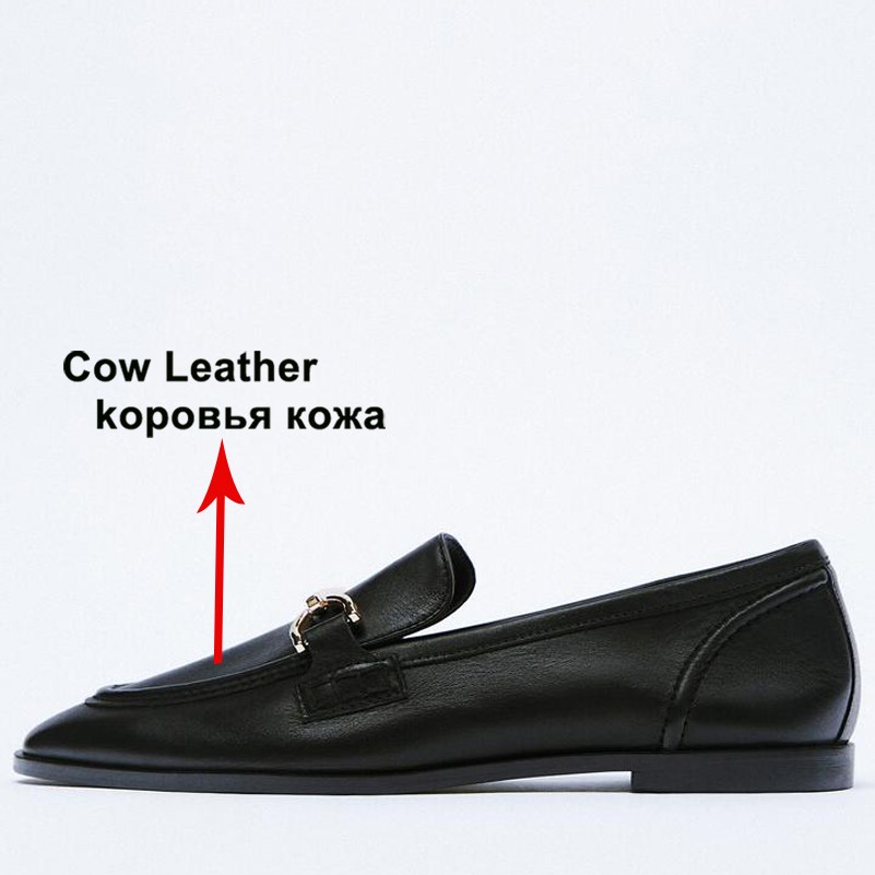 Meotina INS ZA Women Loafers Shoes Genuine Leather Flat Shoes Round Toe Metal Beading Women's Shoes Spring Autumn Brown 43