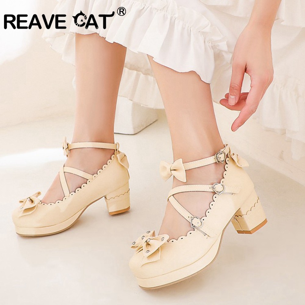 REAVE-Princess Lolita Shoes for Women, Square Heels, Wedding Shoes, Plus Size 48