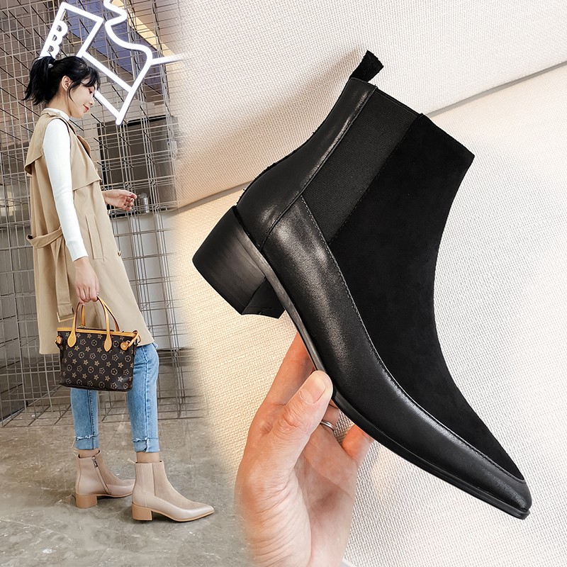 Women Ankle Boots Genuine Leather 22-26.5cm Feet Length Leather Pointed Toe Chelsea Boots Spring and Autumn Wild Woman Shoe