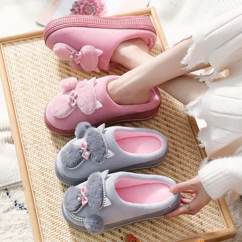 Winter Warm Slippers Polyester Cotton Women Home Shoes Lovely Non-slip Indoor Slides Corduroy Couple Slippers Women's Shoes