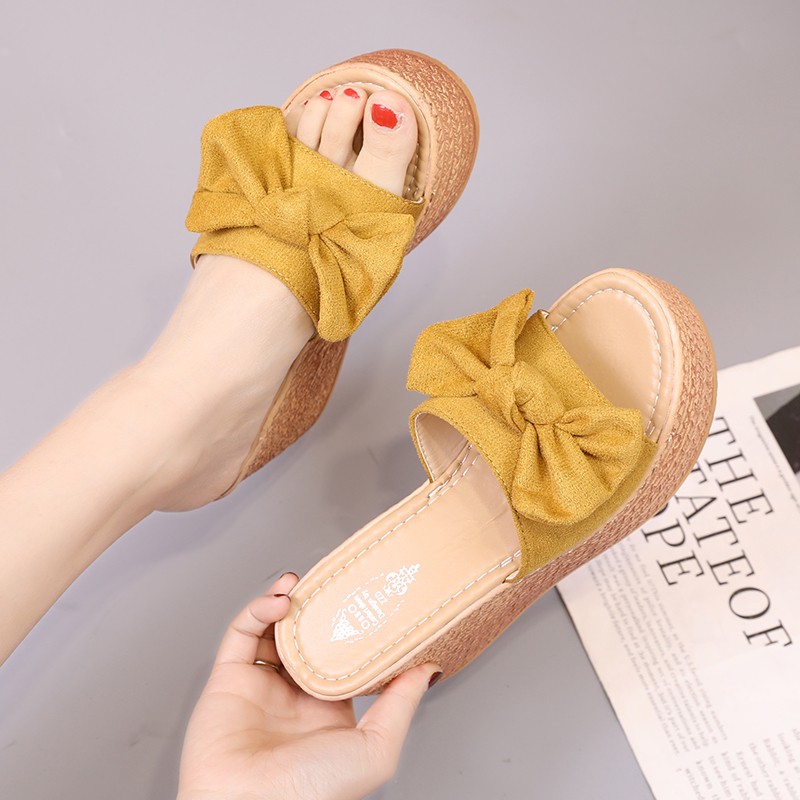 Lucyever thick bottom bowknot slippers women 2022 summer fashion wedges slides woman flat with platform flip flops sapatos mujer