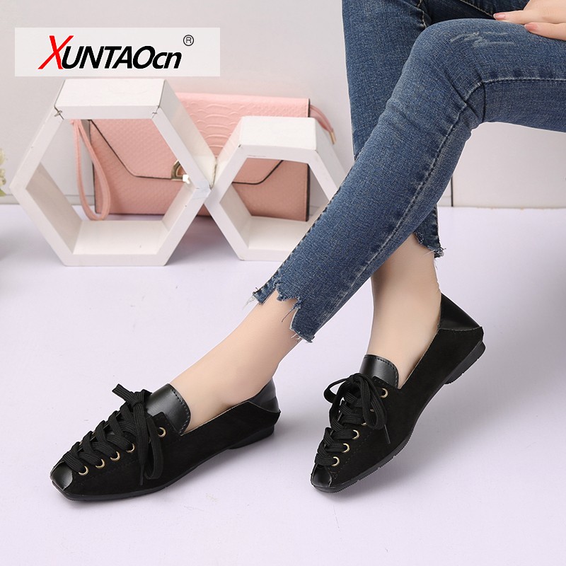 Personality women shoes 2021 spring lace-up loafers fashion soft square toe flats for women shoes black loafers women