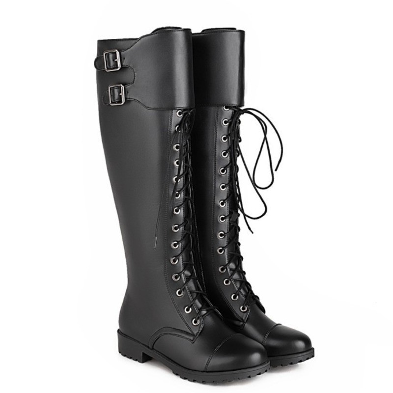 Women Knee High Boots Black Low Heel Lace-up Martin Motorcycle Knight Boots 2021 New Autumn Winter Long Boots