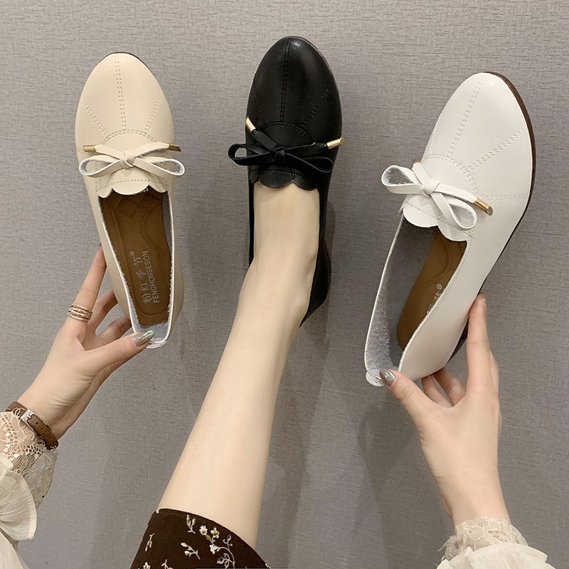 Spring Cute Bow White Elegant Gentle Low-heeled Casual Fashion Soft Women's Shoes Pregnant Women Go Out Comfortable Flat Shoes