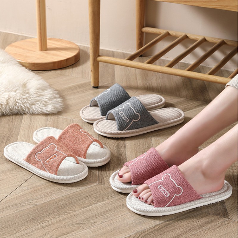 Women Indoor Linen Slippers Floor Couple Bedroom Shoes Ladies Summer Cute Cartoon Open Toes Non-slip Flip Flops Zapatillas Mujer