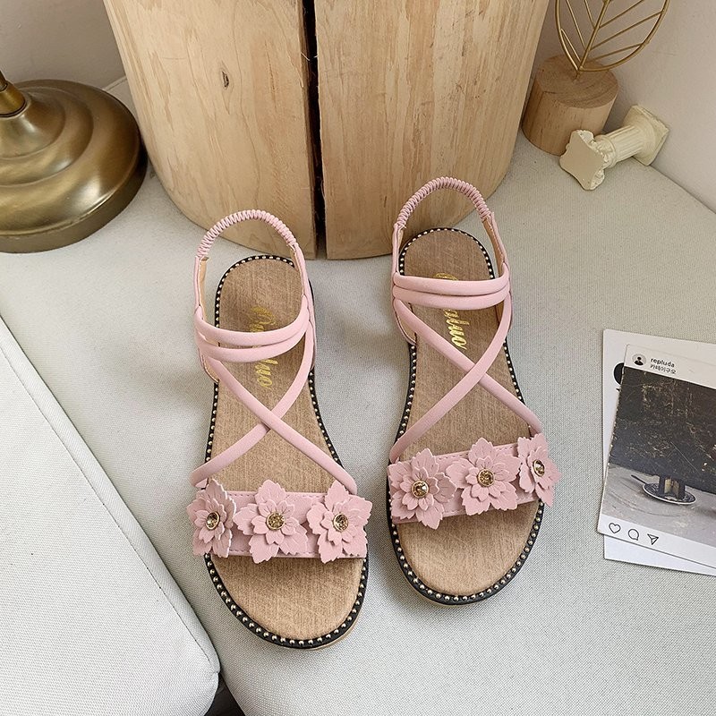 2021 summer ladies pink suede rhinestone flower elastic band platform sandals women ankle strap peep toe flat shoes size 35-39