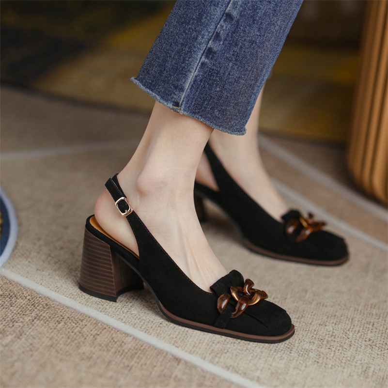 Meotina Slingback أحذية النساء جلد طبيعي حذاء حريمي كعب عالي مشبك سلسلة شرابة أحذية كريستال كعب سميك أحذية السيدات 40